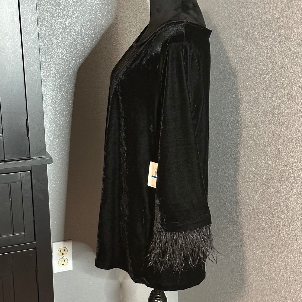 Rafaella Black Velvet Feather Trim‎ Long Sleeve Top XL Quiet Luxury Old Money - Picture 3 of 8